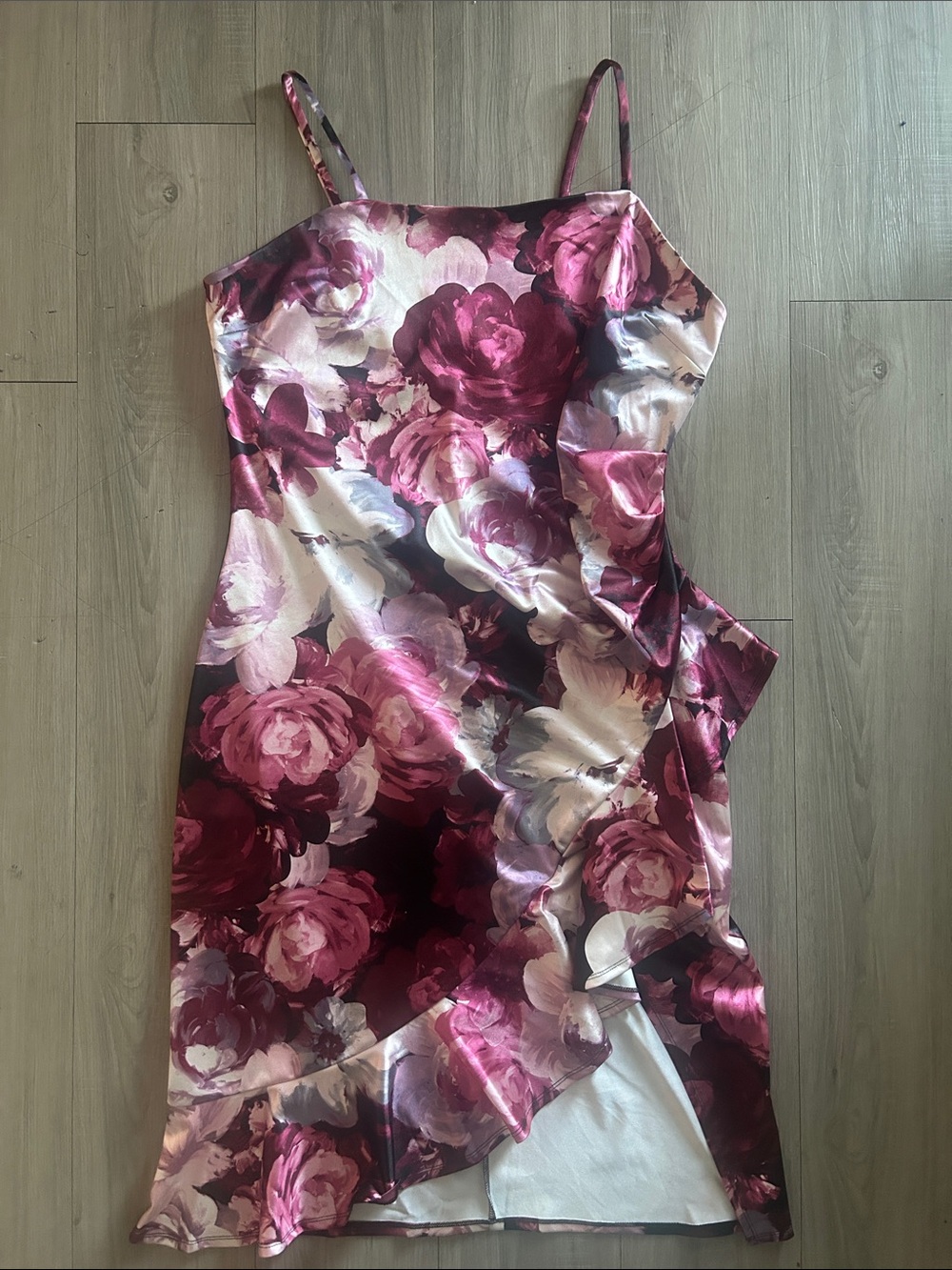 Inspired Hearts Pink and Burgundy Floral Satin Slip Dress - Picture 1 of 5